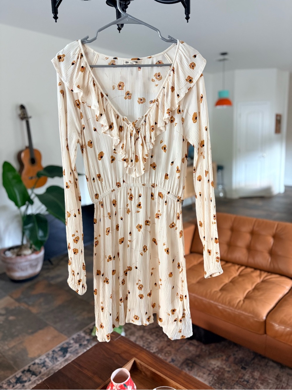Billabong Cream Floral Ruffle Long Sleeve Mini Dress